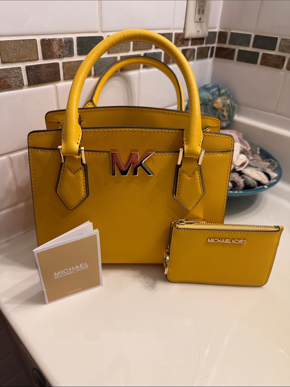 Michael Kors Yellow Leather Satchel with Zip Card Case